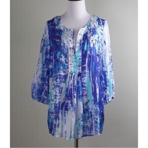Soft Surroundings Top Women's Large 100% Silk Blue Tunic Blouse V Neck Sheer